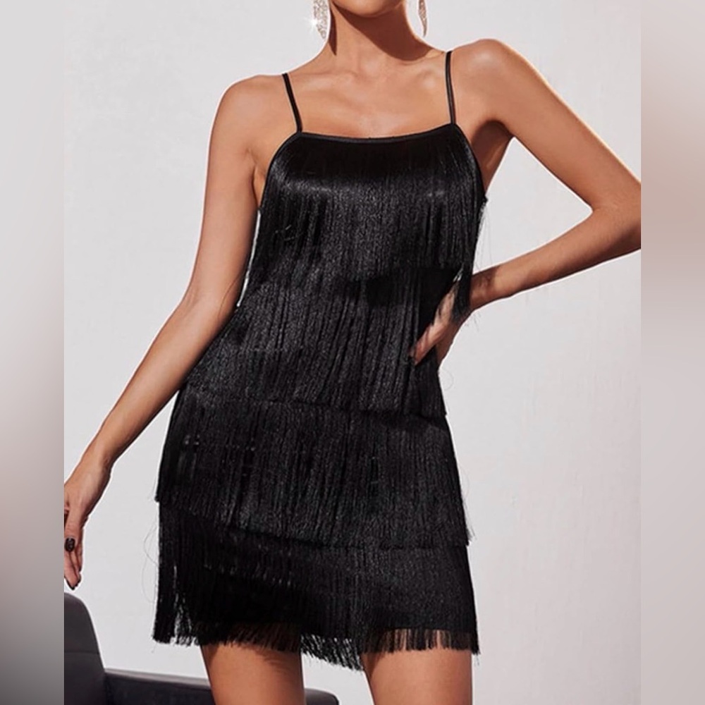 Black 20s flapper dress size XS fringe great gatsby style